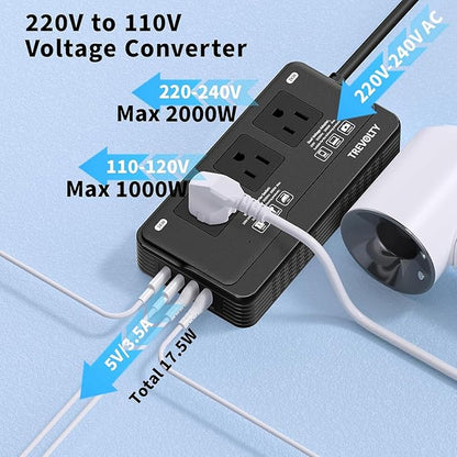 2000W Voltage Converter for Hair Dryers PC Phone Kettle, 220V to 110V Converter US to Europe, 7 in 1, 3 AC/2 USB/2 Type-C Ports, Power Converter Adapter EU/UK/IT/AU Plugs (Black)