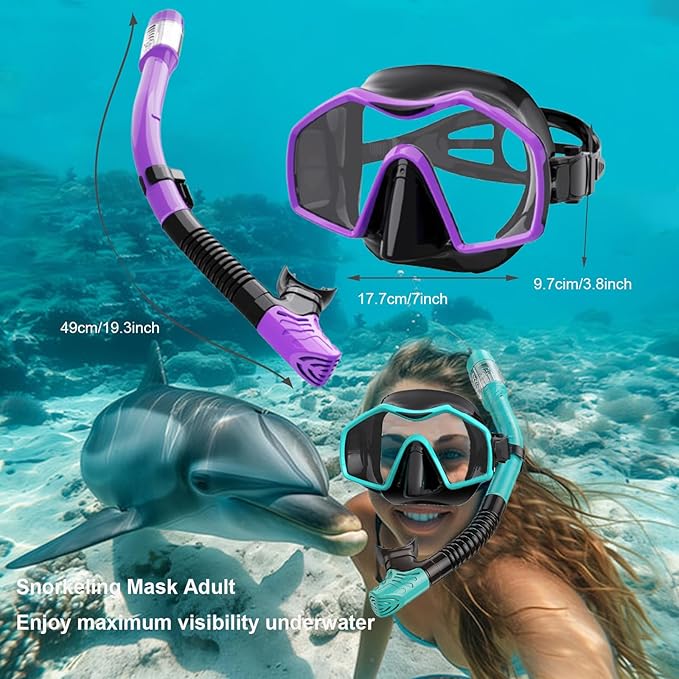 Snorkeling Gear for Adults,Dry-Top Snorkel Mask Set with Tempered Glass,Anti-Fog & Anti-Leak Panoramic Swim Mask,Adjustable Snorkel Kit with Carry Bag for Scuba Diving,Swimming,Travel