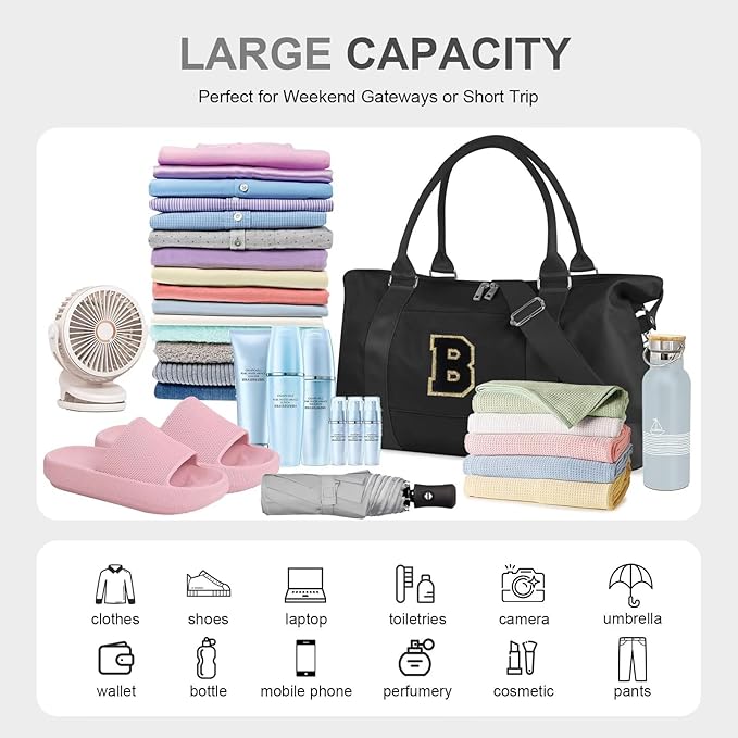 Dance Gym Duffel Bag for Teen Girls, Personalized Initial Travel Weekender Bag,Cute Overnight Carry On Duffle for Women,Sports Travel Cheer Bag,Monogram Christmas Gifts for Tween Preppy(black-B)