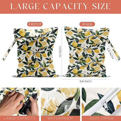 4 Pack Cute Fruit Wet Bag Waterproof Washable Reusable Wet Dry Bag for Swimsuit Dirty Clothes Cloth Diaper Travel Beach Pool Yoga Gym Toiletries Travel Beach Essentials Lemon Orange Peach Pear