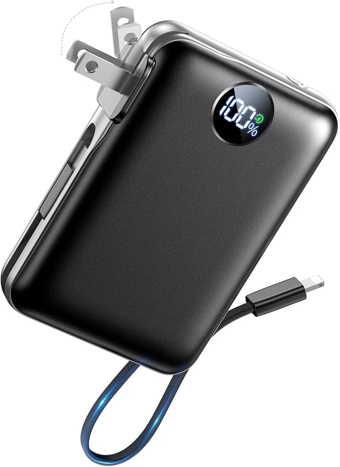 Portable Charger with Built in Cables & Wall Plug,10000mAh Power Bank, 4 Outputs,22.5W USB C Fast Charging,Slim Travel Essential Battery Pack with LED Display for iPhone 17/16/15/14 Series, Samsung