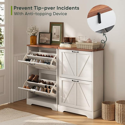 Shoe Cabinet, Shoe Storage Cabinet for Entryway with 2 Flip Drawers, Narrow Farmhouse Shoe Organizer Cabinet, Slim Shoe Rack Cabinet, White