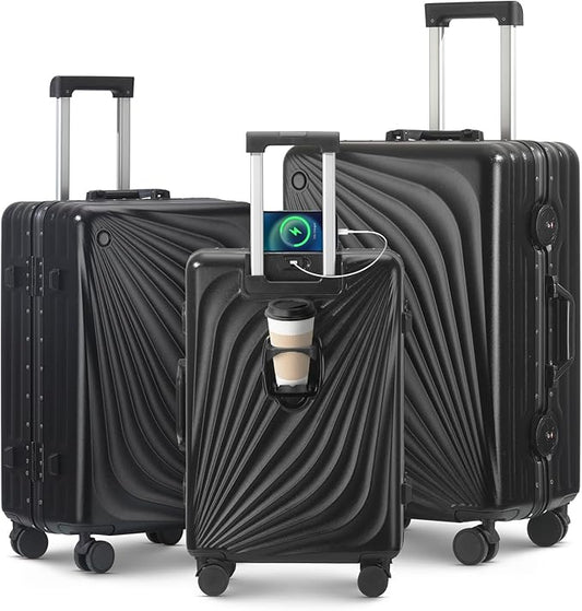 3-Piece Hardside Luggage Sets Aluminum Frame, 20+24+28 Inch Suitcases with USB Charging Port, Foldable Cup Holder, TSA Locks & Spinner Wheels for Travel, Black