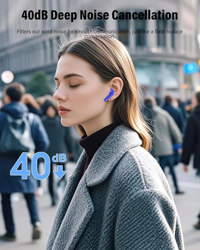 Wireless Earbuds, Bluetooth 5.4 Headphones Bass Stereo, Ear Buds with Noise Cancelling Mic, LED Display in Ear Earphones Clear Calls, IP7 Waterproof Bluetooth Earbuds for Laptop/Phones/Sports, Blue