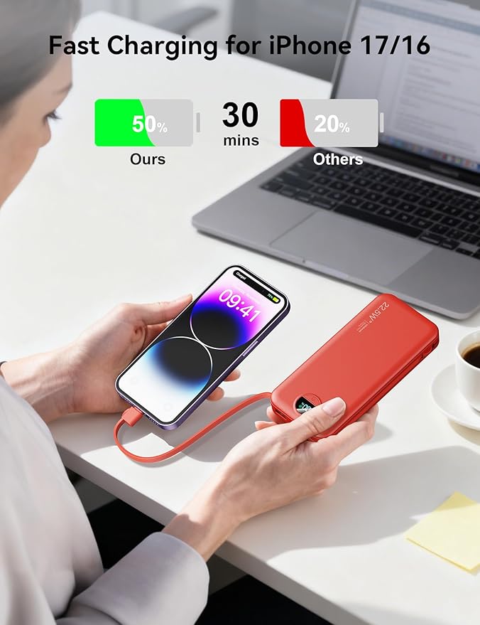 12000mAh Ultra-Portable-Charger-Power-Bank with Built in Cables&AC Wall Plug,PD20W USB-C Fast Charging Cell Phone Charger Battery Pack,LED Display Travel Battery Bank for All iPhone,Samsung,Android
