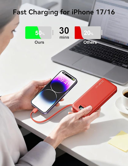 12000mAh Ultra-Portable-Charger-Power-Bank with Built in Cables&AC Wall Plug,PD20W USB-C Fast Charging Cell Phone Charger Battery Pack,LED Display Travel Battery Bank for All iPhone,Samsung,Android