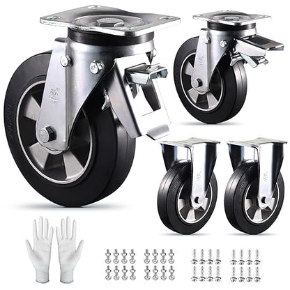 Super Heavy Duty Plate Casters Load 4400Lbs 8 inch Casters Set of 4 Swivel & Fixed Industrial Aluminum Core Elastic Rubber Wheels for Cart Furniture and Workbench Locking Outdoor Dolly Rigid Castors