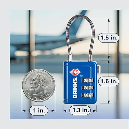 Brinks TSA Accepted Indicator Luggage Lock, Blue - Resettable 3-Dial Combination, 1.5 inch Long Cable Shackle, New More Secure TSA008 Key, 2 Pack