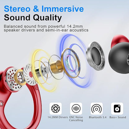 Ltinist Wireless Earbud, Bluetooh 5.4 Headphones Pure Bass Sound with Earhooks, 75H Battery in-Ear Sport Earbud with Dual-LED Display, IP7 Waterproof Earphones Built-in Microphone for Running, Red