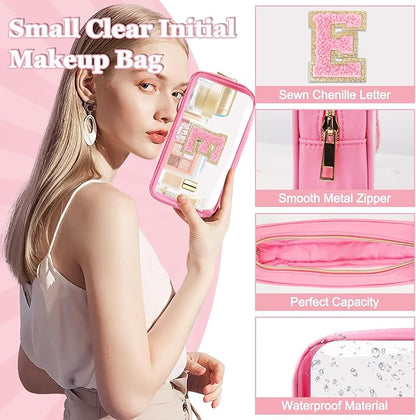 Small Clear Personalized Initial Makeup Bag,Nylon Preppy A-Z Chenille Letter Patch Cosmetic Pouch Beach Toiletry Bag,Waterproof Zipper Travel Purse Storage Bag Organizer for Women Girls(Pink-Pink E)