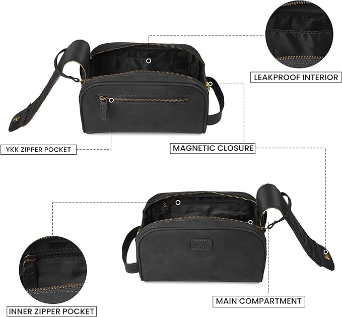 mds Genuine Leather Toiletry Bag for Men - Unisex Rustic Classic Vintage Handcrafted Full-Grain Leather Travel Dopp Kit with Waterproof Lining & Handle, Shaving & Grooming Kit Organizer Pouch - Black
