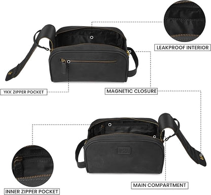mds Genuine Leather Toiletry Bag for Men - Unisex Rustic Classic Vintage Handcrafted Full-Grain Leather Travel Dopp Kit with Waterproof Lining & Handle, Shaving & Grooming Kit Organizer Pouch - Black