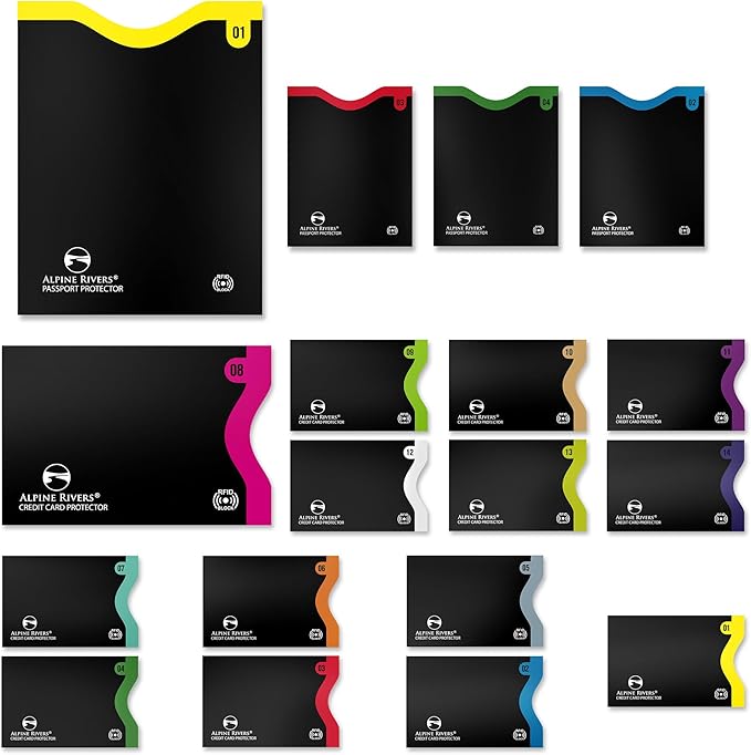 RFID Blocking Credit Card Sleeves 18-Piece Set – 14 Color-Coded Card Protectors with 4 Passport Holders – Slim Water-Resistant Anti-Theft Protection for Travel