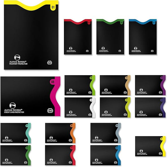 RFID Blocking Credit Card Sleeves 18-Piece Set – 14 Color-Coded Card Protectors with 4 Passport Holders – Slim Water-Resistant Anti-Theft Protection for Travel