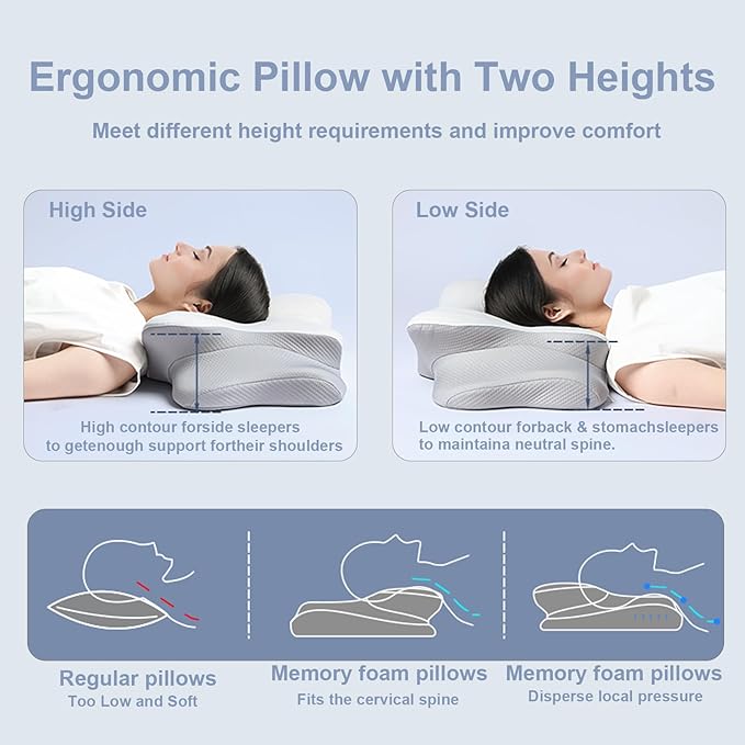 Cervical Neck Pillow for Neck Pain Relief, Memory Foam Pillow for Sleeping, Firm Support Two Heights Side Sleeper Pillow
