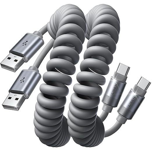 LISEN Coiled USB C Cable, 2 Pack for Android Auto & CarPlay Cable, Short USB A to USB C Cable Compatible with iPhone 17/16/15, Samsung Galaxy S25/S24/S23 A15/A14, Google Pixel 9/8, Space Gray 4FT