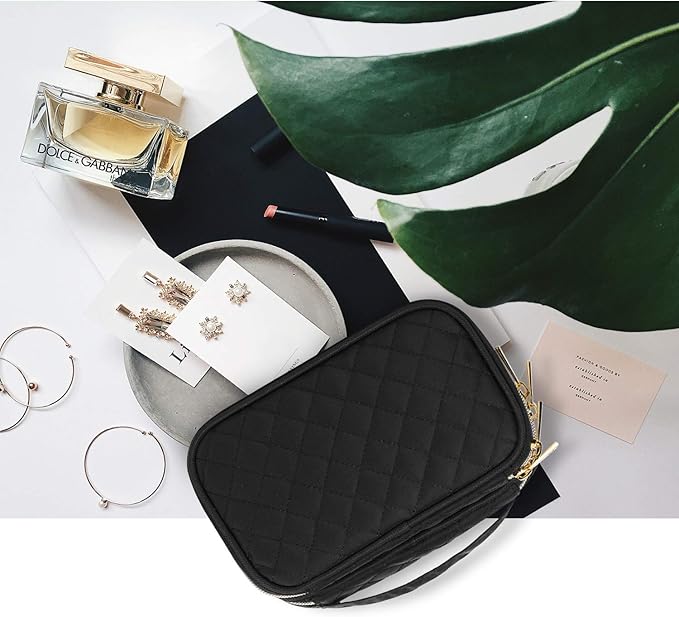 Teamoy Double Layer Jewelry Organizer, Jewelry Travel Case for Rings, Necklaces, Earrings, Bracelets and More(Small, Quilted-Black)