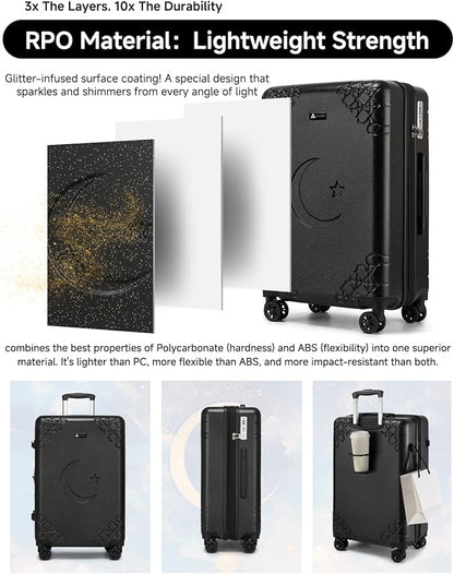 Somago Expandable 2-Piece Luggage Sets 20"/24" Suitcases with Shock-Absorbing Braking Spinner Wheels Moon Star Design Hard Shell Suitcase with Cupholder TSA Lock (Black,Expandable 20/24 Inch)