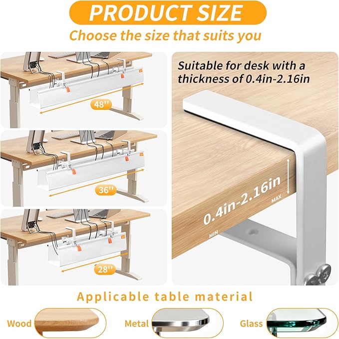 Under Desk Cable Management Tray, No Drill Desk Cord Organizer with Clamp, 36" Fabric Cable Management for Standing Desk Office & Home, White