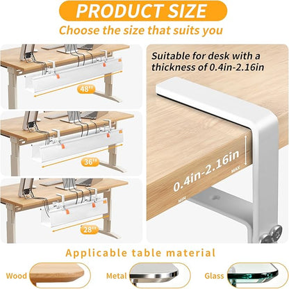 Under Desk Cable Management Tray, No Drill Desk Cord Organizer with Clamp, 36" Fabric Cable Management for Standing Desk Office & Home, White