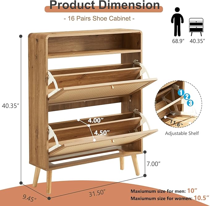 Rattan Shoe Cabinet with 2 Flip Drawers, 16 Pairs Narrow Shoe Storage Cabinet for Entryway Freestanding Hidden Shoe Rack, Modern Slim Wood Shoe Organizer for Hallway, Natural