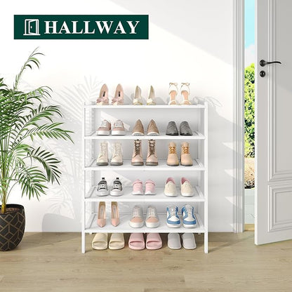 Smiry Bamboo Shoe Rack, 5 Tier Shoe Organizer for Entryway & Closet, Stackable Free Standing Storage Shelf for Shoes, Bags & Plants, White