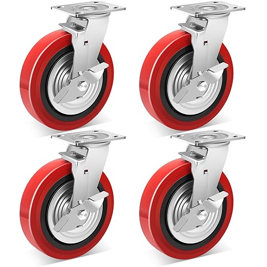 Nefish 8 Inch Heavy Duty Casters Wheels, Industrial Grade Polyurethane Casters Set of 4 with Dual Ball Bearing, Solid Polyurethane Wheel 6000 Lb, Plate Swivel Casters for Cart, Industrial, Machine
