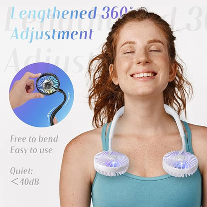 VAGAU Portable Cooling Neck Fan, Rechargeable USB Personal Neck Fan with Colorful LED lights, 360° Rotation for Office Travel Sport, 3 Adjustable Speeds