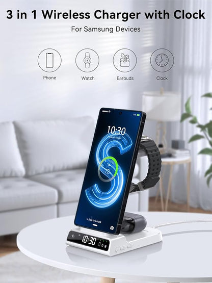 Wireless Charger for Samsung Charging Station with Clock for Samsung Galaxy S25 Ultra/S24 Ultra/Z Flip 6/5/Fold 5/Bud 2, 3 in 1 Charging Station Watch Charger for Samsung Galaxy Watch 7/6/5Pro(White)