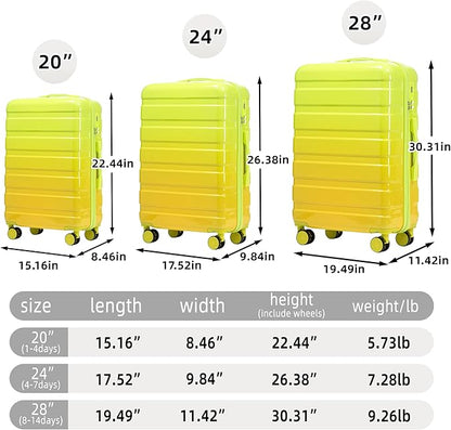 Campfun 3 Piece Luggage Sets, PC Gradient Color Suitcase Set with Double Spinner Wheels, Durable Carry On Luggage with Combination Lock, 20/24/28 inch, Green+Yellow