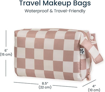 Tiny Twinkle Waterproof Travel Toiletry & Makeup Bag Organizer | Makeup Pouch with Multiple Compartments & Snap Handle for Travel | Gift for Teen Girls and Women（Beige Checkers