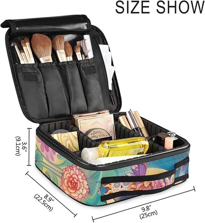 MNSRUU Travel Makeup Bag, Skeleton Woman with Flowers Women Makeup Case Organizer Cosmetic Toiletry Bag for Teenage Girl with Adjustable Dividers