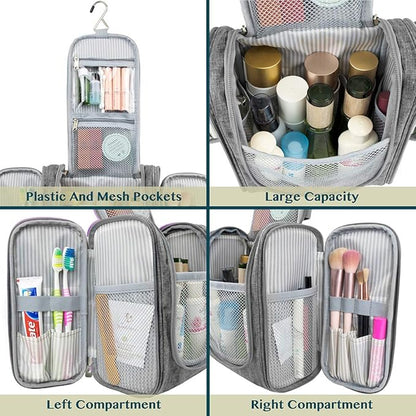 PAVILIA Toiletry Bag Travel Bag for Women Men, Hanging Cosmetic Organizer, Water Resistant Makeup Bag for Accessories Toiletries, Large Travel Essentials Kit (Grey)