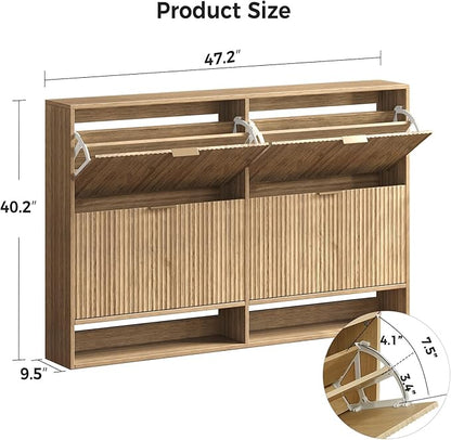 47.2''W Oak Shoe Storage Cabinet for Entryway with 4 Flip Drawers, Narrow Wood Fluted Shoe Rack Cabinet,Freestanding Slim Shoe Organizer Cabinet for Foyer, Hallway