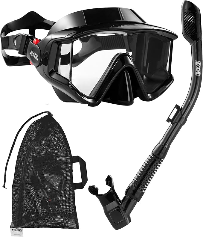 Aegend Snorkeling Gear for Adults Youth Kids, Dry Snorkel Set Panoramic View Enhanced Anti-Leak and Anti-Fog Technology, Adjustable Strap for Snorkeling Scuba Diving Swimming with Mesh Bag