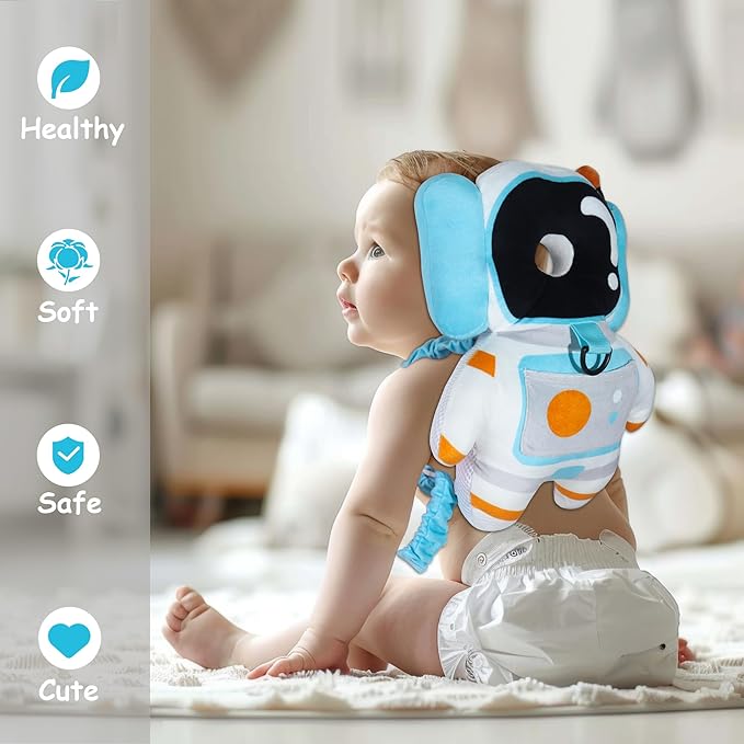 Baby Backpack Walker Protection, Toddler Head Protector Backpack Adjustable 270° Three-Sided Protection Breathable Design with Knee Pads & Safety Rope, 6-12 Month Baby(Astronaut)