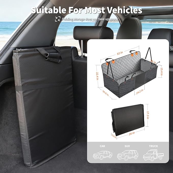 HOTEAGLE Dog Seat Covers for Back Seat, Hard Bottom Back Seat Extender for Dogs, 600D Upgraded Material Waterproof and Comfortable with 400lbs Holds, Ideal for Car Trips and Outdoor Adventures（Grey）