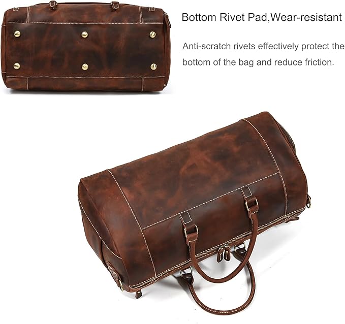 Full-grain Genuine Leather Travel Bag Large Capacity Duffel Luggage Bag with Shoe Compartment, Men Women Shoulder Bag for Weekend Holiday Business Trip, 58cm