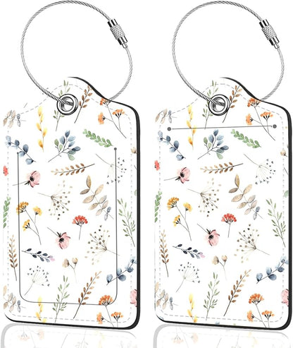 2Pack Luggage Tags for Suitcases, Cute Unique Pu Leather Cruise Luggage Tag with Privacy Cover ID Label Address Card and Metal Ring Suitable for Women Men Kids Travel Bag Floral and Plant Patternsn