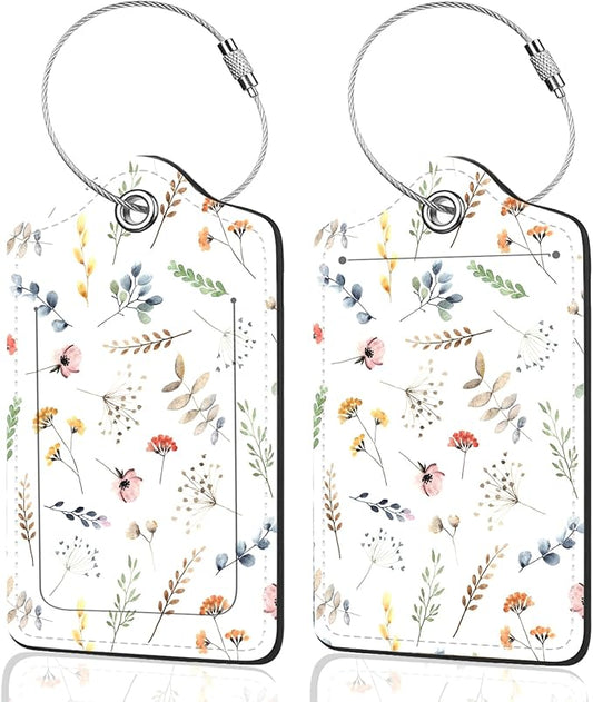 2Pack Luggage Tags for Suitcases, Cute Unique Pu Leather Cruise Luggage Tag with Privacy Cover ID Label Address Card and Metal Ring Suitable for Women Men Kids Travel Bag Floral and Plant Patternsn