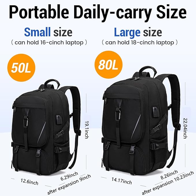 Men's Women's with Usb Port 50l Travel Backpack, Large Carry-On Backpacks，Expandable Oversized Laptop Bag Works