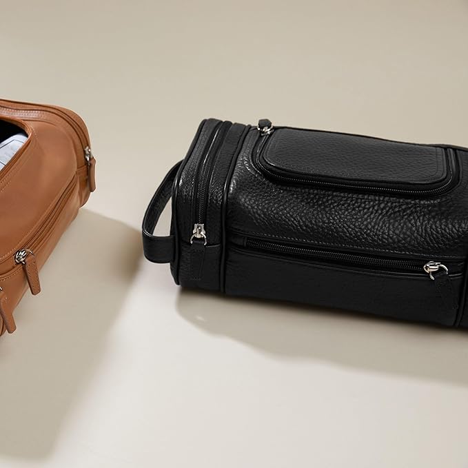 Leatherology Premium Ebony Multi Pocket Toiletry Bag - Main top zippered compartment with additional side and front zippered pockets