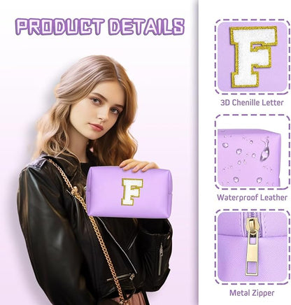 TOPEAST Initial Makeup Bag for Travel, Chenille Letter Pouch Cosmetic Bag, PU Leather Waterproof Toiletry Bag, Personalized Gifts for Bride Bridemaids, Cute Things for Girls (Purple Q)