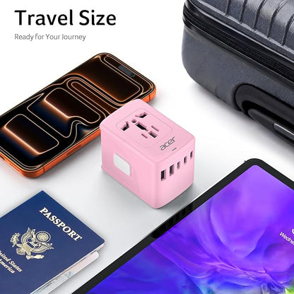 Acer Universal Travel Plug Adapter - International Power Adapter with 5 USB Ports (3 USB C) 5.8A, Worldwide Outlet Charger for USA to European UK France Germany Spain, Type C/E/F/G/I/L/A,Pink