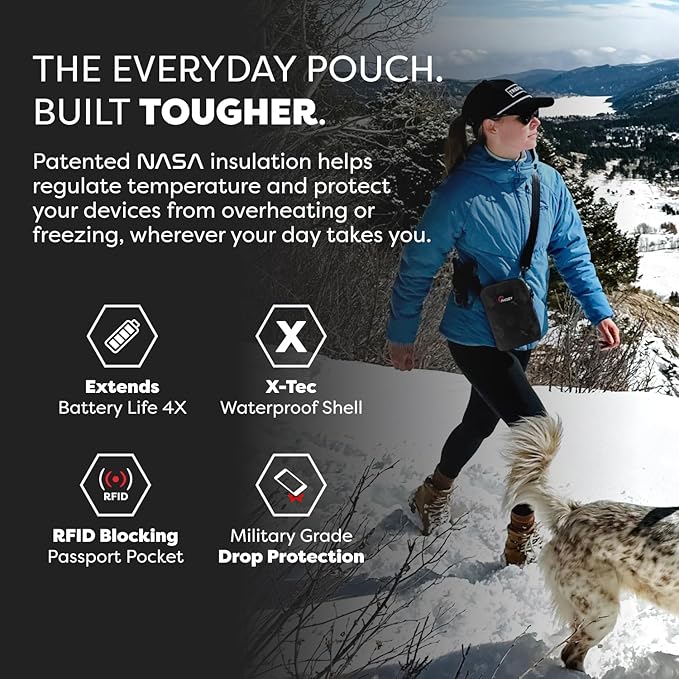 PHOOZY Orion Insulated Tech Bag For Travel - NASA Insulation Protects Your Phone, AirPods and Other Devices. Weatherproof X-Tech Shell with RFID Blocking Pocket for Complete Protection (BLACK CAMO)