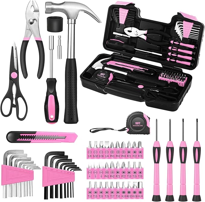 58-Piece Pink Household Tool Set General Household Hand Tool Kit,Small Tool Kit with Plastic Toolbox Mini Tool kit for Women, Office & College Repairs