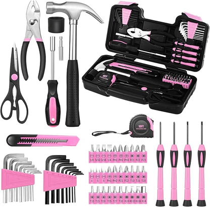 58-Piece Pink Household Tool Set General Household Hand Tool Kit,Small Tool Kit with Plastic Toolbox Mini Tool kit for Women, Office & College Repairs