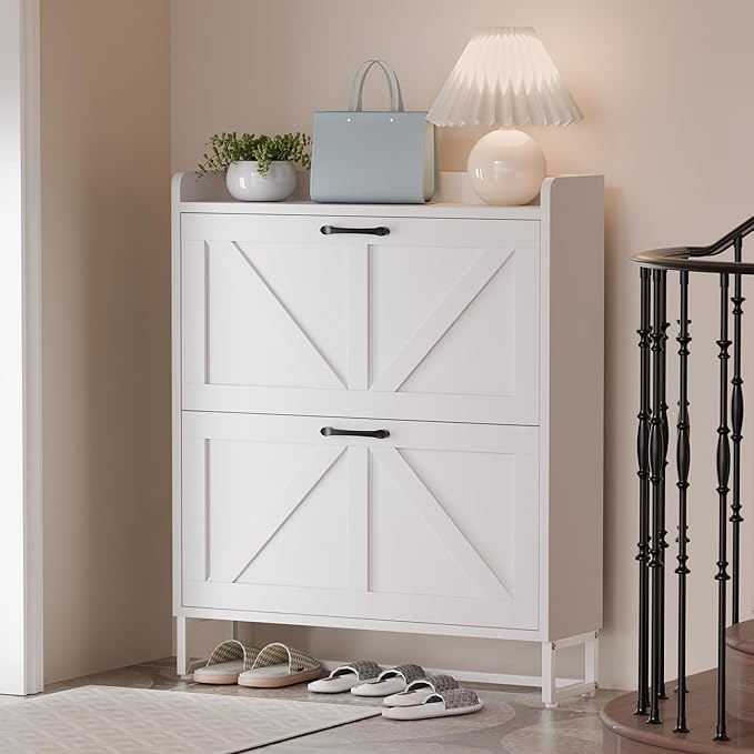 Betterhood Entryway Shoe Cabinet with 2 Flip Drawers, Slim Shoe Rack Cabinet, Freestanding Hidden Shoe Organizer Cabinet with Metal Legs, Shoe Cabniet for Entryway with Storage, Hallway, Foyer, White