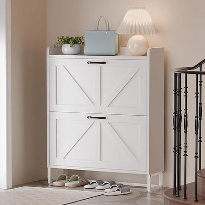 Betterhood Entryway Shoe Cabinet with 2 Flip Drawers, Slim Shoe Rack Cabinet, Freestanding Hidden Shoe Organizer Cabinet with Metal Legs, Shoe Cabniet for Entryway with Storage, Hallway, Foyer, White
