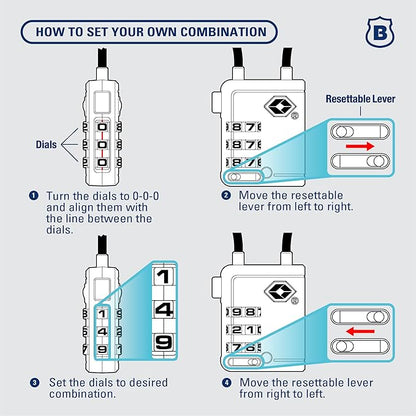 Brinks TSA Accepted Indicator Luggage Lock, Blue - Resettable 3-Dial Combination, 2.5 inch Long Cable Shackle, New More Secure TSA008 Key, 2 Pack